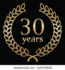 thirty years, laurel wreath, golden inscription, black background 