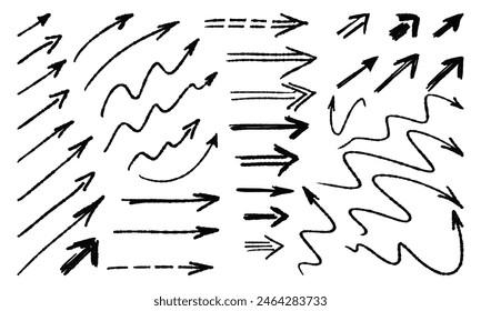 Thirty-eight handwritten arrows - straight and curved. Doodles and squiggles. Vector set