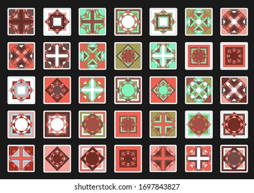 Thirty-five playing cards, coasters, napkins, icons, symbols, signs, emblems, patterns and other geometric compositions for your projects. Collection of vector images