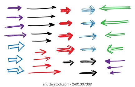 Thirty-four hand drawn colorful arrows. Doodles and squiggles. Vector set