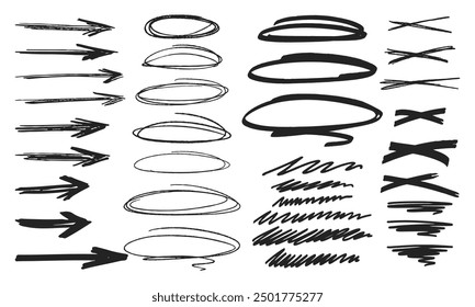 Thirty-four handwritten doodles and squiggles. Vector set