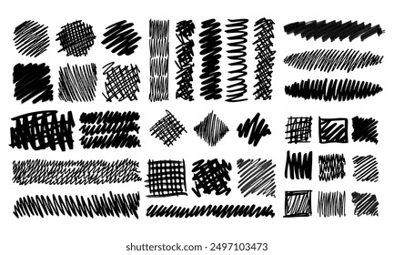 Thirty-four textured objects of various shapes. Hand-drawn squares, circles, stripes and more. Doodles and squiggles. Vector set