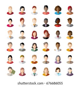 Thirty-six Avatars, women, and men heads in flat style!!! Vector illustration in the circle.