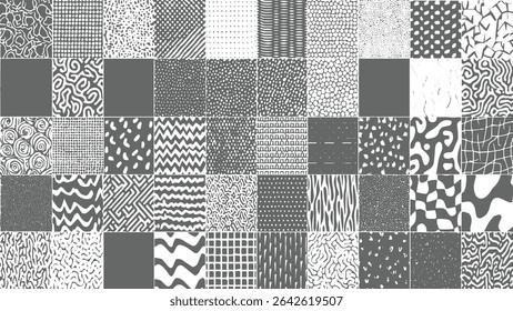 Thirtysix grayscale abstract patterns featuring geometric and organic shapes and textures arranged in a grid. The style is hand-drawn with varying line weights and densities.