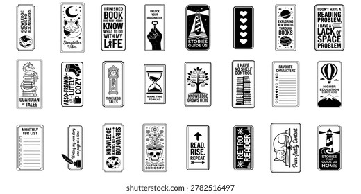 Thirty-six unique black and white bookmarks featuring engaging literary quotes and eye-catching illustrations for passionate readers and book lovers.