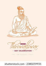 Thiruvalluvar illustration in engraving style.  Thiruvalluvar, commonly known as Valluvar, was a Tamil poet and philosopher.