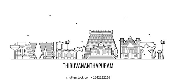 Thiruvananthapuram skyline, Kerala, India. This illustration represents the city with its most notable buildings. Vector is fully editable, every object is holistic and movable