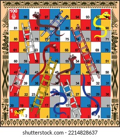 Das ist ein 100-Stufen-Schlangenleiter-Brettspiel mit Batik-Hintergrund.