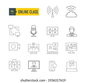 This is 14 online class web icons with stoke line. can be used for any type of design . it includes computer, man, teaching, laptop. 