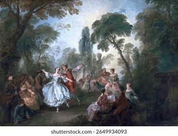 Esta pintura do século XVIII mostra a renomada dançarina francesa Marie-Anne de Cupis de Camargo realizando um pas de deux em um parque.