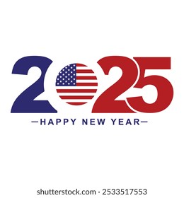 This "2025 New Year’s Greeting USA" logo is a stylish and patriotic design featuring iconic American elements. Set against a clean white background, the design integrates the year "2025" with symbols 