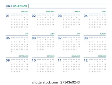 This 2026 annual calendar template features a clean, minimalist design. The simple grid layout exudes a modern, professional feel. It's perfect for print, digital planners, and office scheduling.