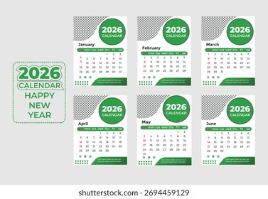 This is a 2026 calendar template design for happy new year. It includes all the months of the year. It is isolated on a white background. Vector graphic.