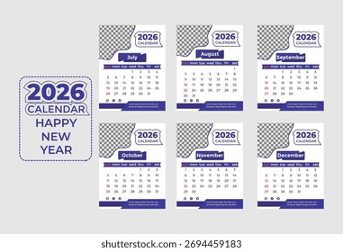 Dies ist ein 2026 Kalender Vorlage Design für glückliches neues Jahr. Sie umfasst alle Monate des Jahres. Er ist einzeln auf weißem Hintergrund. Vektorgrafik.