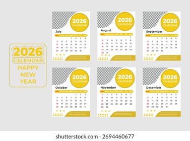 This is a 2026 calendar template design for happy new year. It includes all the months of the year. It is isolated on a white background. Vector graphic.