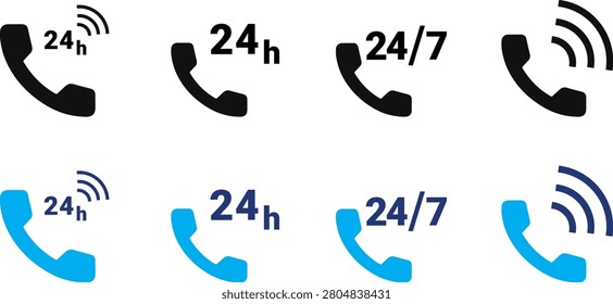 This 24 hour hotline icon set features modern flat vector icons in black and blue color variations, showcasing 24-hour support, 24-7 customer service, ringing telephone, and call center communication symbols. Ideal for websites, mobile apps, help desks, customer support platforms, business dashboards, telecommunication services, and UI, UX interfaces. These clean, scalable, and fully editable vector icons are perfect for digital products, branding, presentations, and professional customer service applications.

#24HourHotline #247Support #PhoneSupport #CallCenter #CustomerService #PhoneIcon #HotlineIcon #CommunicationIcon #VectorIcons #FlatDesign #UIIcons #WebDesign #MobileApp #EditableVector #HelpDesk