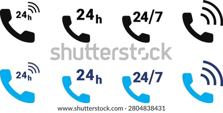 This 24 hour hotline icon set features modern flat vector icons in black and blue color variations, showcasing 24-hour support, 24-7 customer service, ringing telephone, and call center communication symbols. Ideal for websites, mobile apps, help desks, customer support platforms, business dashboards, telecommunication services, and UI, UX interfaces. These clean, scalable, and fully editable vector icons are perfect for digital products, branding, presentations, and professional customer service applications.

#24HourHotline #247Support #PhoneSupport #CallCenter #CustomerService #PhoneIcon #HotlineIcon #CommunicationIcon #VectorIcons #FlatDesign #UIIcons #WebDesign #MobileApp #EditableVector #HelpDesk