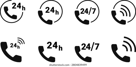 This 24 hour phone support icon set features modern flat vector icons representing 24-hour customer service, 24-7 hotline, ringing telephone, and contact support symbols. Designed for websites, mobile applications, customer service platforms, help desks, call centers, business dashboards, and communication interfaces. These clean, scalable, and editable vector icons are ideal for UI-UX design, digital products, presentations, branding, and technical support services.

#PhoneSupport #24HourSupport #247Support #HotlineIcon #CallCenter #CustomerService #PhoneIcon #VectorIcons #FlatDesign #CommunicationIcon #UIIcons #WebDesign #MobileApp #EditableVector #HelpDesk