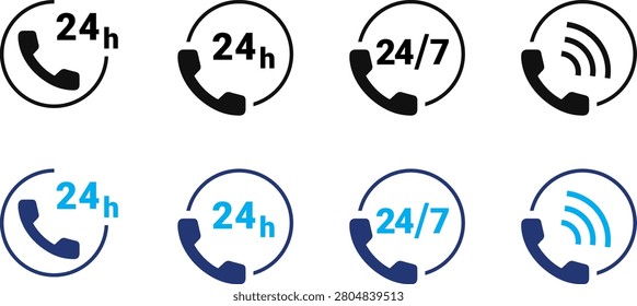 This 24-hour customer support icon set features modern flat vector icons in black and blue color variations, representing 24-hour service, 24-7 customer support, hotline, ringing telephone, and call center communication. Perfect for websites, mobile applications, help desks, customer service platforms, business dashboards, telecommunications, and UI, UX design. These scalable and editable vector icons provide a clean and professional solution for digital products, branding, presentations, and online communication services.

#24HourSupport #247Support #CustomerSupport #PhoneIcon #Hotline #CallCenter #CommunicationIcon #VectorIcons #FlatDesign #UIIcons #WebDesign #MobileApp #EditableVector #BusinessIcons #HelpDesk