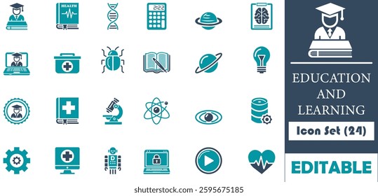 This 24-icon education set is perfect for websites, apps, and infographics. Fully vector-based, designed on a 64×64 grid, customizable,  making it ideal for diverse educational projects.
