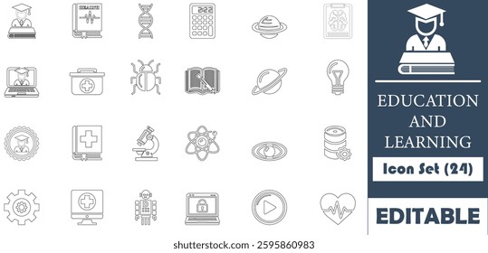 This 24-icon education set is perfect for websites, apps, and infographics. Fully vector-based, designed on a 64×64 grid, customizable,  making it ideal for diverse educational projects.