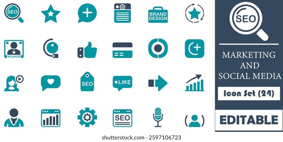 This 24-icon set covers essential digital marketing and social media concepts. Perfect for web, apps, and print, it includes SEO, branding, analytics, and engagement icons.