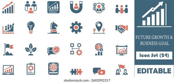 This 24-icon set represents future growth and business goals with a sleek blue-orange theme. Ideal for presentations, websites, and apps, it's fully editable and high-resolution.