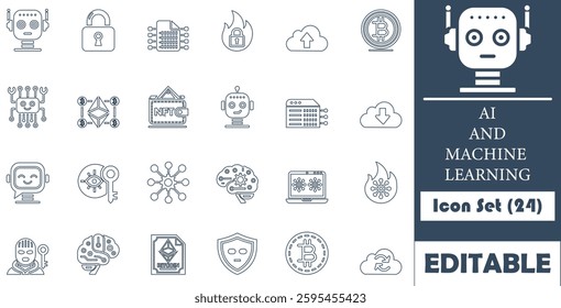 This 24-icon set visually represents AI and Machine Learning concepts. Clean, minimalist, and scalable, it's ideal for tech projects, dashboards, apps, and websites.