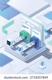 Esta es una ilustración de arte 2.5D llena de tecnología que representa el proceso de traducción y se puede utilizar como una Imagen de fondo, Anuncio, Ilustraciones o más funciones