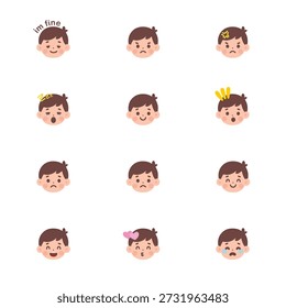 Este conjunto de pegatinas de dibujos animados 2D cuenta con un niño con diferentes expresiones sobre un fondo blanco.