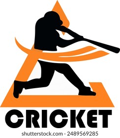 This 2D cricket logo features dominant orange and black colors. The design combines a black bat and an orange cricket ball, creating a striking contrast.