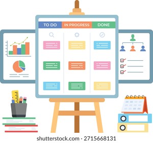 Esta ilustração plana 2D captura um espaço de trabalho abrangente para a execução do projeto. Apresenta um quadro Kanban central com colunas "Por Fazer", "Em Andamento" e "Concluído", flanqueado por gráficos de visualização de dados e um diagrama de hierarquia de equipe. Cercado por ferramentas essenciais de escritório, como calendário, fichários e papel de carta, este ícone representa perfeitamente o gerenciamento organizado de tarefas, fluxos de trabalho ágeis e produtividade profissional.
