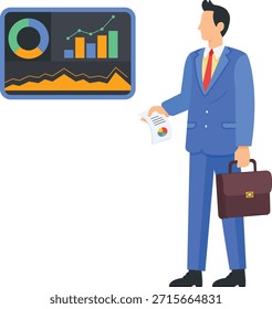 Esta ilustração plana 2D retrata um empresário profissional de terno azul segurando uma pasta e um relatório financeiro. Ao lado dele, um painel digital exibe várias visualizações de dados, incluindo um gráfico de linhas, gráficos de barras e um gráfico de pizza. Esse ícone é perfeito para temas que envolvem liderança corporativa, análise de mercado, controle financeiro e decisões de negócios baseadas em dados.