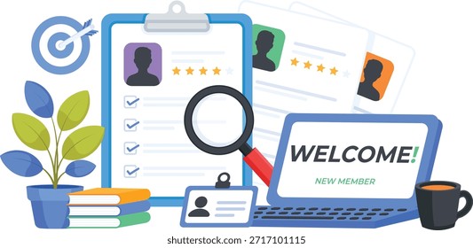 Esta ilustración plana en 2D muestra un espacio de trabajo integral de incorporación de empleados. La escena presenta una computadora portátil que muestra un "¡BIENVENIDO! Mensaje "MIEMBRO Nuevo", un perfil de candidato en un Portapapeles con altas calificaciones, una insignia de identificación y un ícono de destino. Decorado con una maceta, libros y una taza de café, este gráfico simboliza perfectamente la integración de los recursos humanos (RR. HH.), el éxito del reclutamiento profesional y una cálida cultura corporativa para los nuevos empleados.