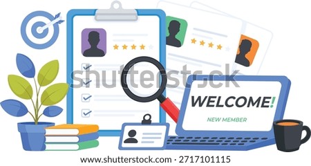 This 2D flat illustration depicts a comprehensive employee onboarding workspace. The scene features a laptop displaying a 