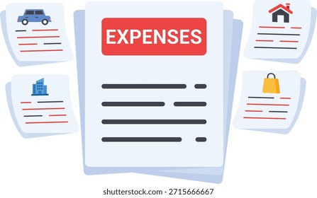 Esta ilustración plana en 2D presenta un documento central claramente etiquetado como "GASTOS", que simboliza un seguimiento financiero integral. Está rodeado por cuatro documentos secundarios que representan categorías de costos específicas: automotriz (automóvil), residencial (casa), comercial (edificio de oficinas) y personal (bolsa de compras). Este gráfico es perfecto para contenido relacionado con presupuestos personales, contabilidad corporativa y gestión de deudas.
