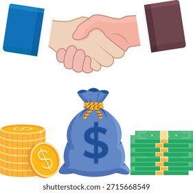 Esta ilustración plana en 2D simboliza un Acuerdo financiero exitoso y una decisión de inversión. La mitad superior presenta un apretón de manos firme entre dos profesionales, que representan la confianza y la negociación. A continuación, varias formas de riqueza —una bolsa de dinero azul con un signo de dólar, una pila de monedas de oro y dinero en efectivo agrupado— ilustran el crecimiento del capital y la financiación.