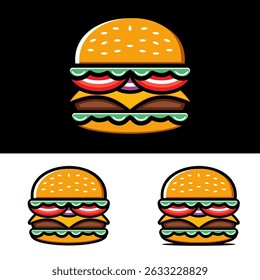 This is 2D symmetrical burger logo features a simple yet elegant design, with symmetrical bun, tomatoes, cheese and lettuce shape in bright colors, creating a modern and appetizing impression.