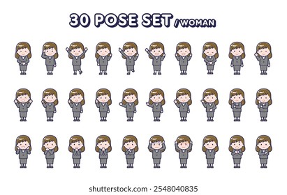 This is a 30 pose set_illustration of a woman in a suit.