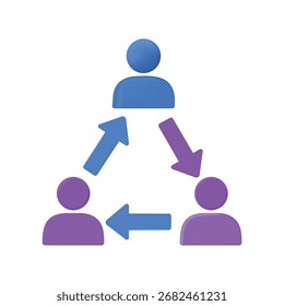 This 3D graphic showcases a workflow or collaboration system with three figures interconnected by arrows. It represents teamwork and hierarchical structure.