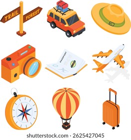 This 3D isometric travel icon pack features a vibrant collection of 9 unique icons including a compass, suitcase, airplane, hot air balloon, travel car, camera, passport, sun hat, and trail sign.