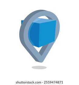 This is a 3d logo of a blue box inside a drop pin shape
