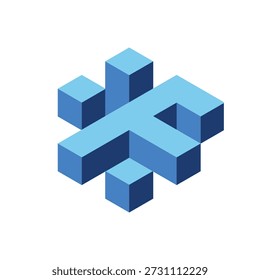 este es un diseño de logotipo 3D de una letra F en forma de bloque hexagonal en color azul combinado sobre un fondo blanco