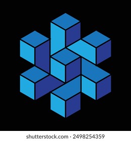 Esta es una Imagen de logotipo 3d de una forma hexagonal hecha de bloque de cubo en color azul que se ve limpio sobre un fondo negro