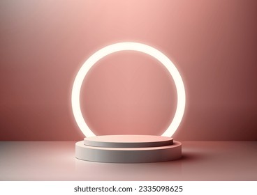 Dieser 3D-realistische beige Podiumständer mit Neonhellkreishintergrund ist ein modernes Vektorgrafik-Produkt-Mock. Es ist ideal, um Ihre Produkte professionell zu präsentieren. Vektorgrafik