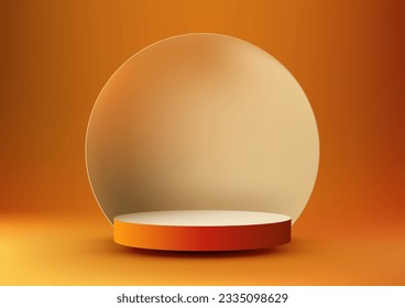 This 3D realistic orange podium with circle backdrop is a minimalist mockup for product display. It is perfect for showcasing your products in a modern and stylish way. Vector illustration