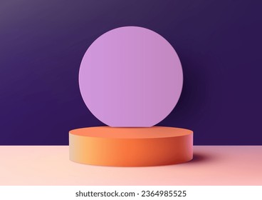This 3D realistic orange podium with circle backdrop is a minimalist mockup for product display. It is perfect for showcasing your products in a modern and stylish way. Vector illustration