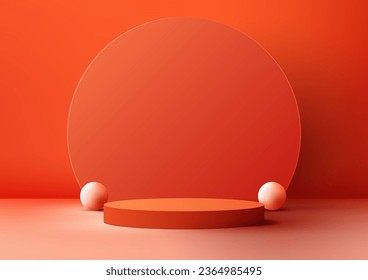 This 3D realistic red cylinder podium stand with red circle backdrop decoration and white balls on the floor is a modern minimalist product display mockup. Vector illustration