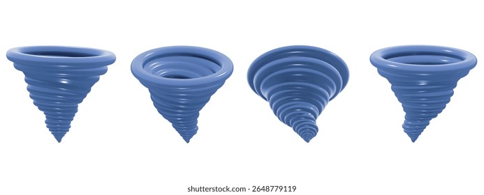 Este conjunto de ícones de tornados 3D inclui formas espirais dinâmicas em um estilo de desenho animado brilhante. Renderizado em várias perspectivas e espessuras. Gráfico vetorial isolado.