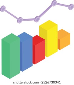 This 3D vector graphic features a colorful bar chart representing data points, overlaid with a line graph symbolizing a trend or correlation. The design is clean and modern, perfect for presentations.